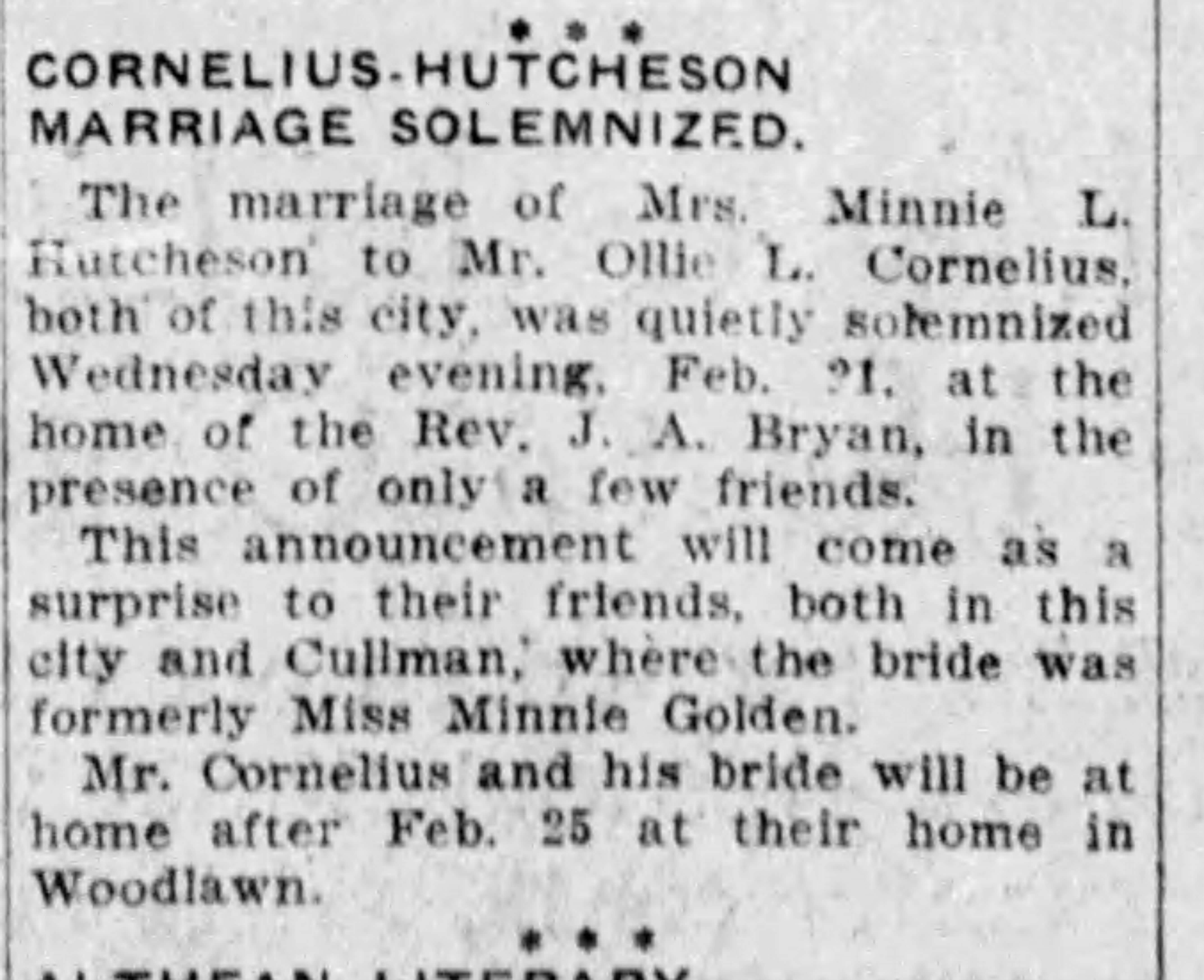 Cornelius-Hutcheson Marriage Solemnized